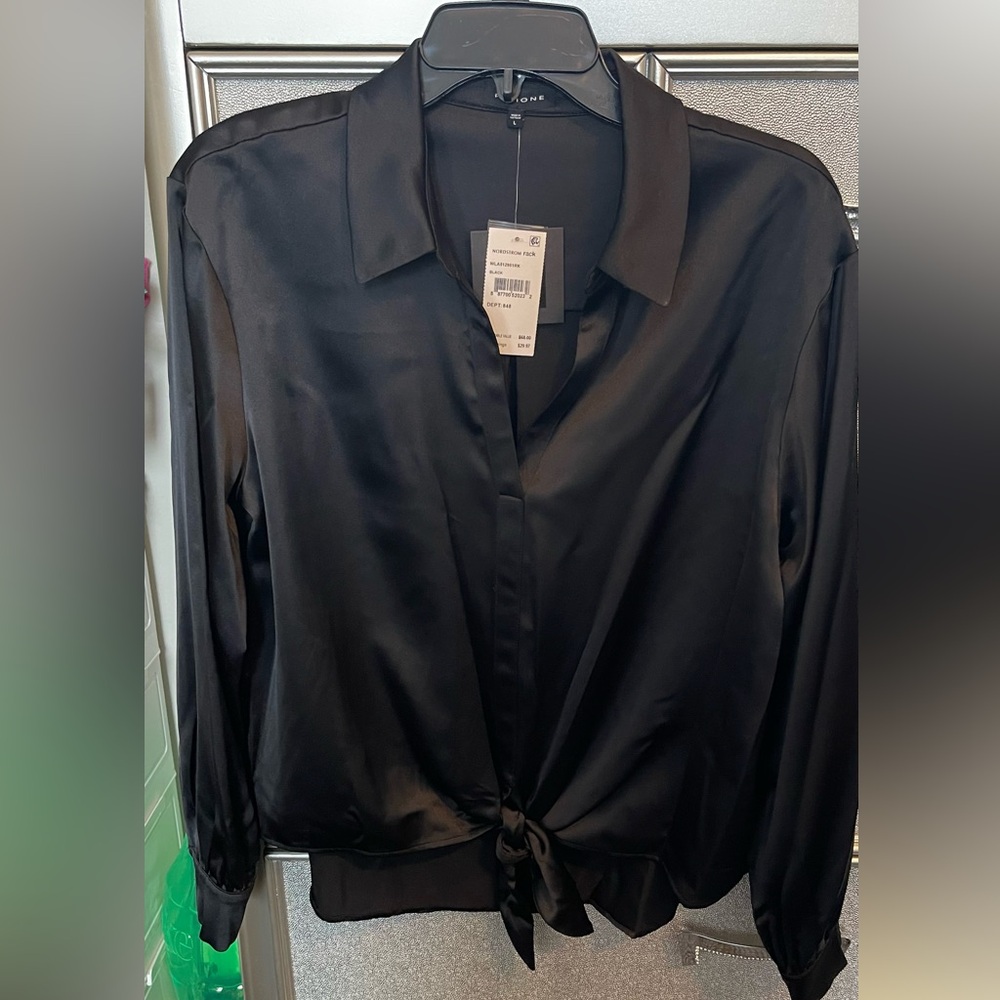 Nordstrom Black Satin Tie-Front Blouse